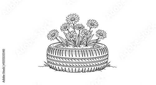 Creative tire planter filled with vibrant flowers for unique garden decoration and eco-friendly gardening, copy space