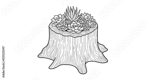 Tree stump planter filled with succulents for charming garden decoration and natural artistry, copy space