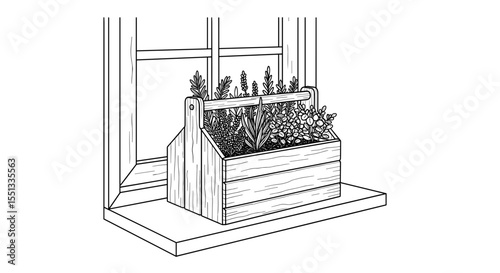 Wooden herb box on a windowsill filled with fresh herbs for charming home decoration