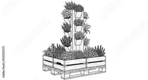 Creative tiered garden made from pallets filled with various plants for sustainable urban gardening