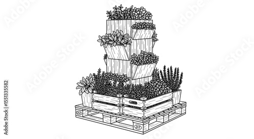 Vertical garden made from crates filled with various plants for eco-friendly urban gardening