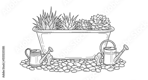 Bathtub planter filled with succulents and decorative watering cans for unique garden decor