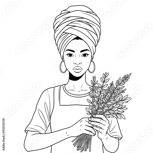 Young woman with a head wrap holding fresh herbs, with a confident expression for gardening and cooking