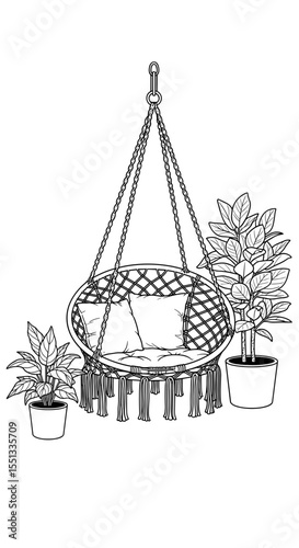 Hanging macrame chair with cushions surrounded by potted plants for home decor and relaxation