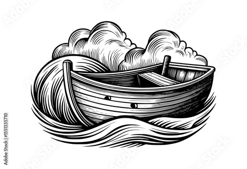 Wooden Rowboat at Sea Vector Illustration