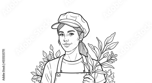 Young female gardener holding branches with leaves and flowers, smiling in a gardening apron and cap, copy space