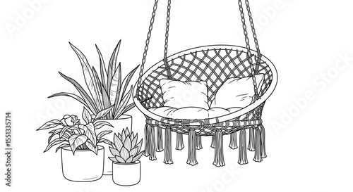 Hanging macrame chair with cushions and potted plants for home decor and relaxation, copy space