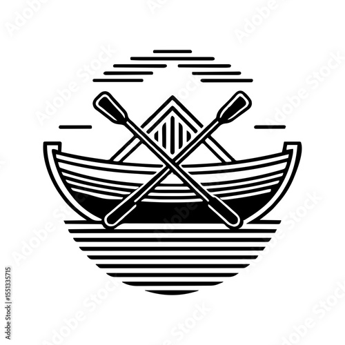 Wooden rowboat with crossed paddles water travel line art logo style vector illustration