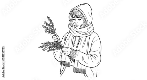Young woman in cozy clothing holding lavender sprigs with a thoughtful expression in winter, copy space