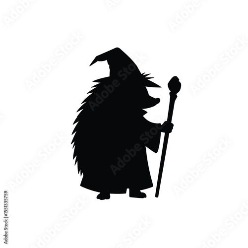 Black Silhouette Hedgehog Wizard Staff White Background Vector Icon