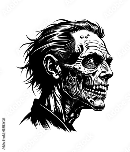 Zombie Skull Head Side View Horror Portrt Vector Illustration