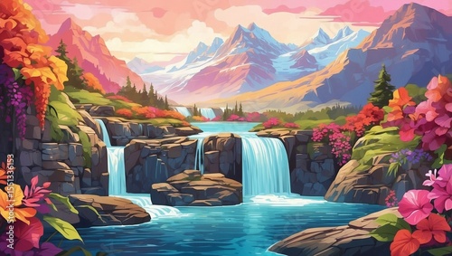 Serene Waterfall Flows Through Vibrant Paradise