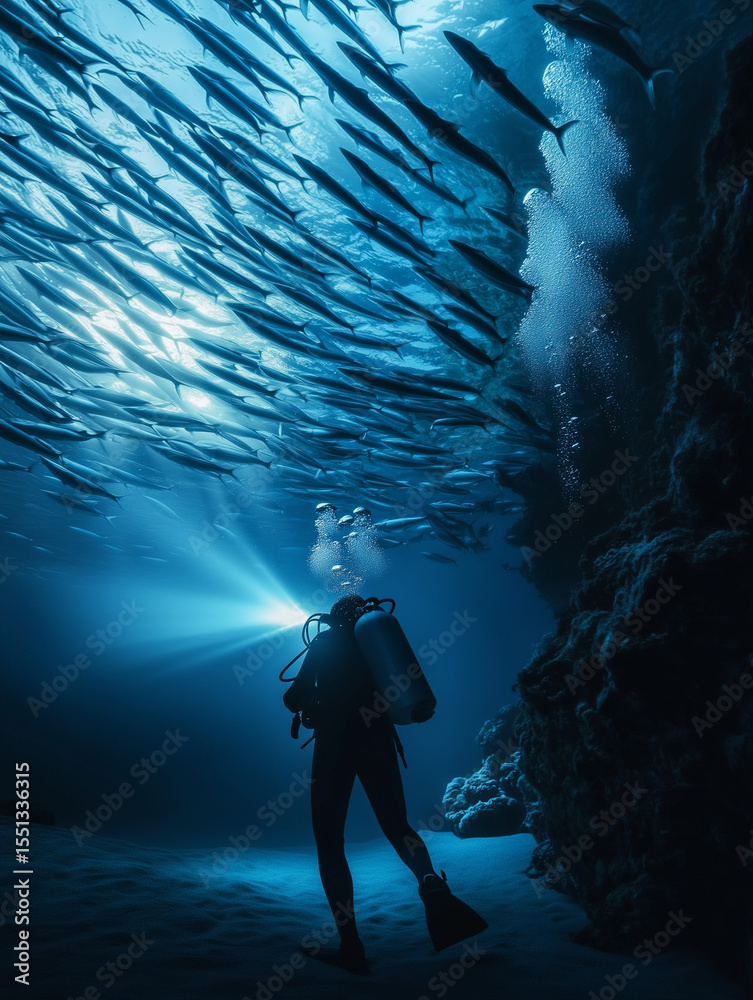 Obraz premium Scuba diver exploring the depths and observing a school of fish