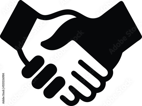 Two hands clasped in a firm handshake black and white graphic illustration symbolizing agreement partnership collaboration teamwork unity deal