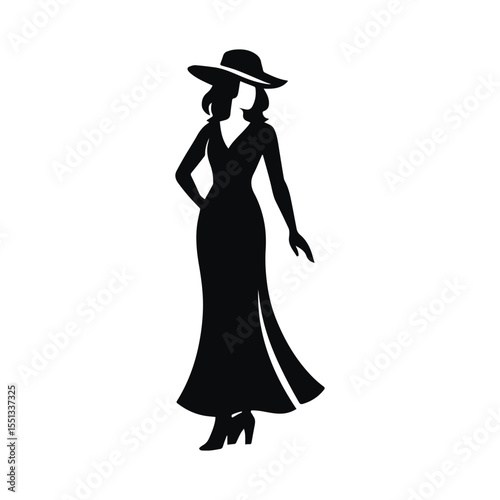 Wallpaper Mural Stylish Western Woman Silhouette | Rodeo-Inspired Female Fashion Vector in Black on White. Torontodigital.ca