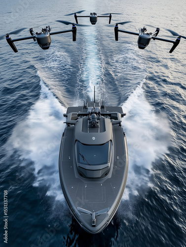 Autonomous unmanned surface vessel escorted by swarm of drones
