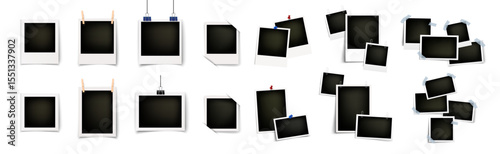 Realistic polaroid photo frame set, vintage card mockup collection, empty photo templates with shadow and adhesive tape, isolated on white background