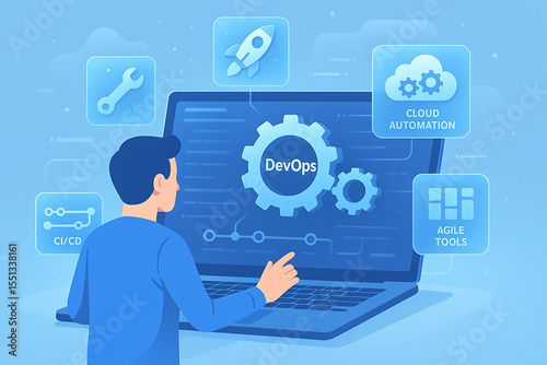 Person Working on Laptop with Floating DevOps Icons – CI/CD, Deployment, and Development Tools Visualization,DevOps, CI/CD, software deployment, continuous integration, development operations, 


