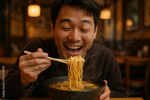 Man enjoying a steaming bowl of ramen in a cozy restaurant setting during dinner time