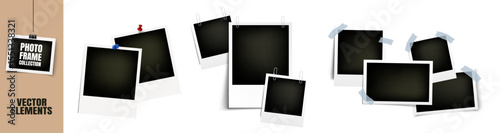 Realistic polaroid photo frame set, vintage card mockup collection, empty photo templates with shadow and adhesive tape, isolated on white background