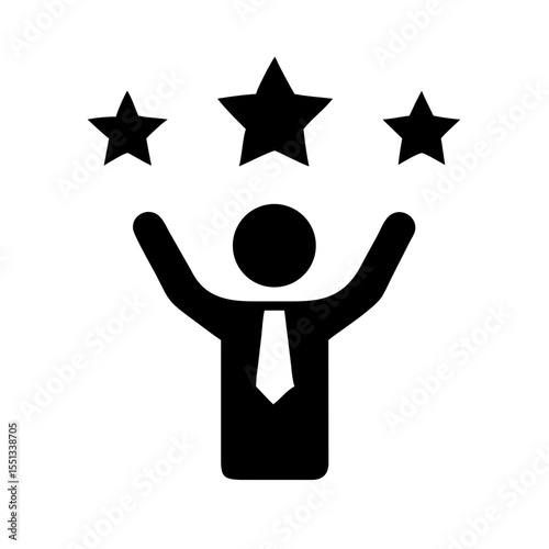 Isolated on white background, a businessman celebrates success by holding up three stars, symbolizing achievement and victory