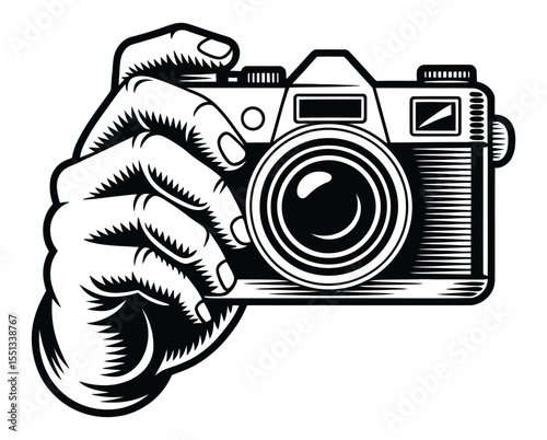 Retro style hand holding vintage photo camera, Illustrator  Artwork on white background
