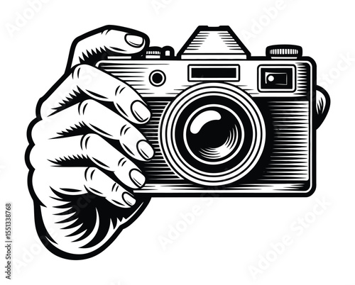 Retro style hand holding vintage photo camera, Illustrator  Artwork on white background