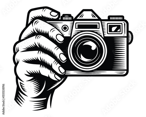 Retro style hand holding vintage photo camera Illustrator  Artwork on white background