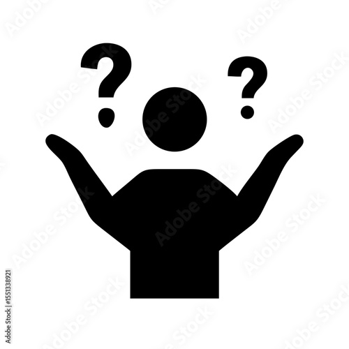 A person with two question marks above their head and arms raised is isolated on white background