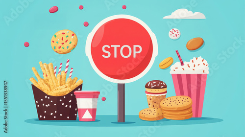 Illustration of fast food items around a stop sign, symbolizing a message to avoid or reduce unhealthy eating habits.