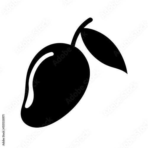 A black and white mango fruit icon is isolated on white background