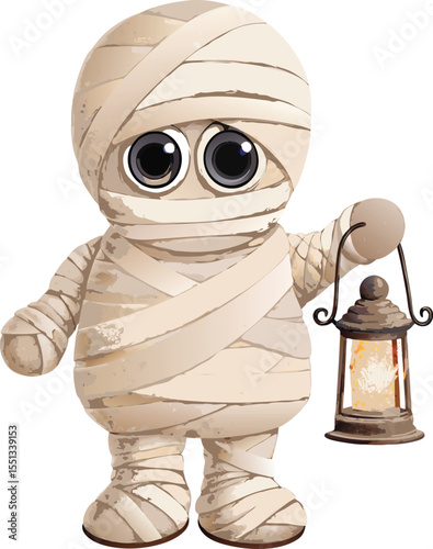 Cute Cartoon Mummy with Big Eyes Holding a Lantern for Halloween