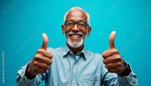 Smiling senior man in blue shirt giving double thumbs up on blue background, positive and confident expression