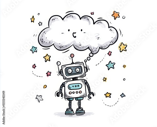 Cute robot dreams under a cloud