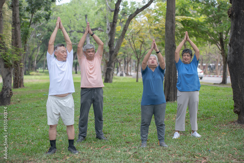 A group of elderly people are doing exercise by raising their arms to stretch their muscles in a park. They are happy in their retirement.