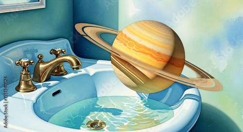 A surreal illustration of Saturn in a bathroom sink with gold faucets.