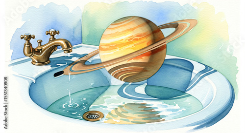 A watercolor painting of a sink with Saturn hovering above, water dripping into the basin.
