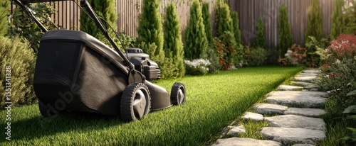 The sleek lawnmower resting on a freshly mowed green lawn in a tranquil garden