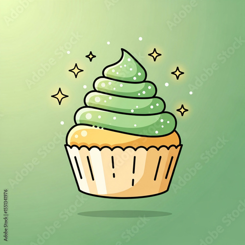 Illustration of a cupcake with green frosting and sparkles on a gradient green background.