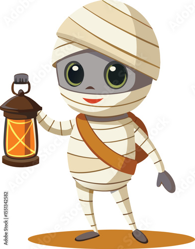 Cute cartoon mummy holding lantern Halloween character illustration for kids