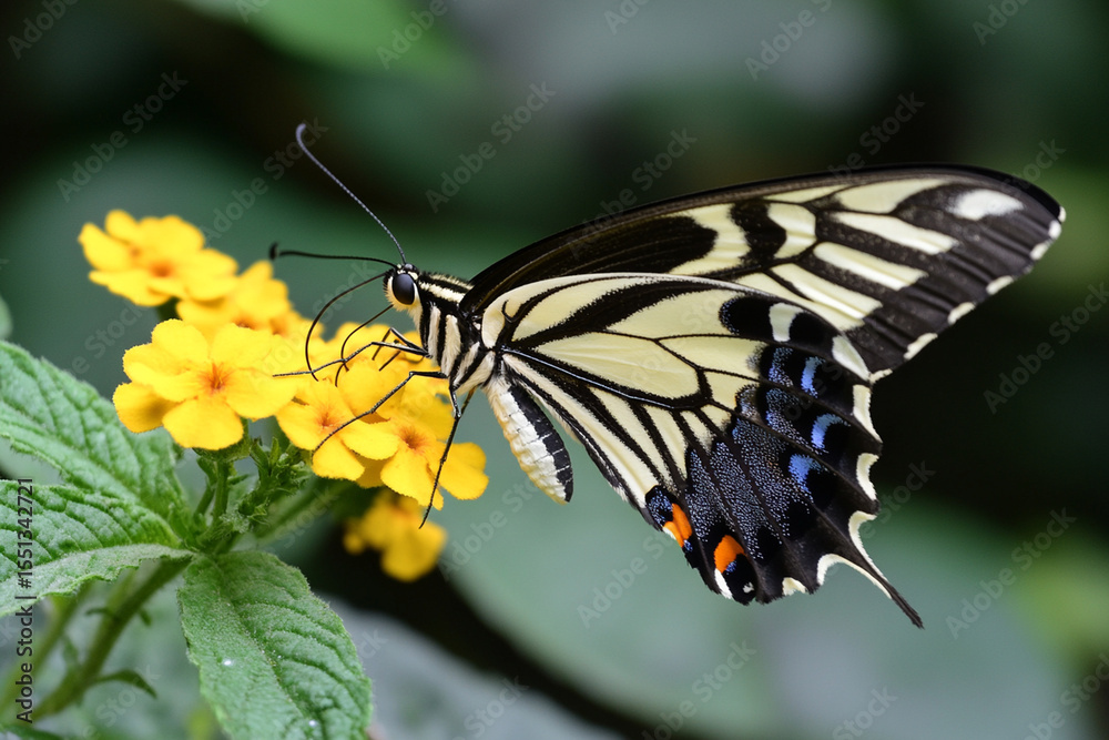 Fototapeta premium Butterfly resting on vibrant yellow flower in lush garden