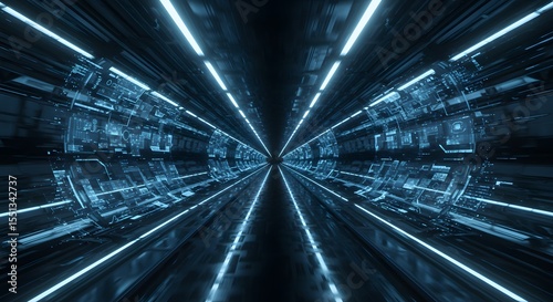 High-tech virtual tunnel with neon circuit lights