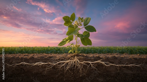 Soybean Plant Growing at Sunset