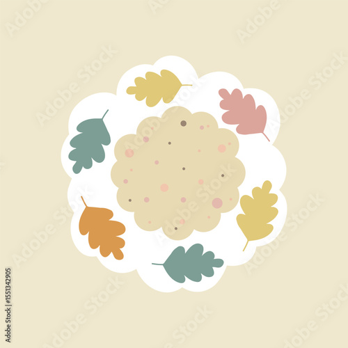 Cookie and autumn leaves. A cozy simple flat illustration featuring a beige, pink, and yellow color palette can be used as a sticker, icon, or tag.