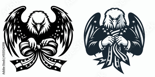 bald eagle tying patriotic ribbon bow. Independence Day 4th of July American Flag Patriotism Usa America Clipart Line Art Vector Illustration. symbol fastening festive stripe knot avian.