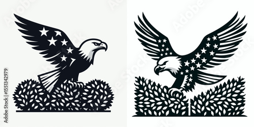 bald eagle trimming basic patriotic hedge. Independence Day 4th of July American Flag Patriotism Usa America Clipart Line Art Vector Illustration. emblem plant shaping simple nationalistic.