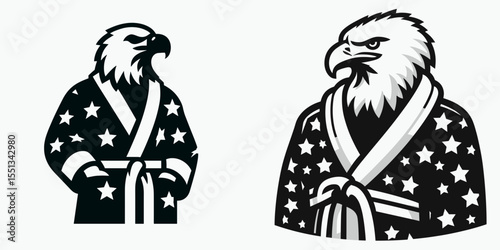 bald eagle wearing patriotic bathrobe. Independence Day 4th of July American Flag Patriotism Usa America Clipart Line Art Vector Illustration. bird in comfy robe with pattern holiday theme.