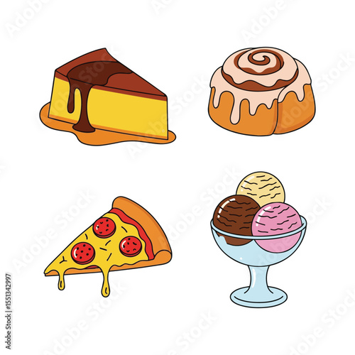 Delicious Desserts and Pizza Icons Set Art & Illustration