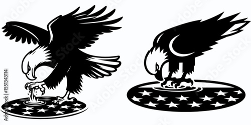 bald eagle dipping toes in patriotic pool. Independence Day 4th of July American Flag Patriotism Usa America Clipart Line Art Vector Illustration. bird cooling foot national pride pond icon.