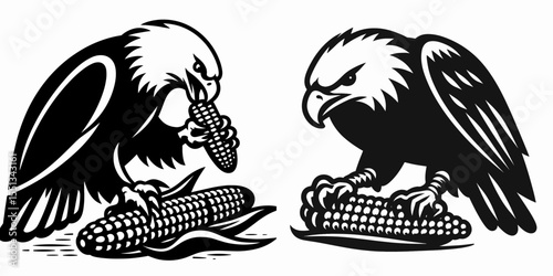bald eagle eating corn on cob. Independence Day 4th of July American Flag Patriotism Usa America Clipart Line Art Vector Illustration. raptor devouring maize a nature image bird feeding.